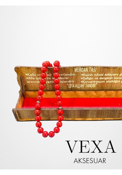 Doğal Mercan Taşı Tesbih Ahşap Kutulu Hediyelik 33 Lük Kırmızı Tesbih Kırmızı