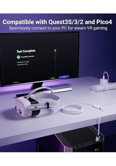 5m Usb 3.0 Vr Link Kablosu Meta Quest 3s/3/quest 2 Uyumlu Ekstra Şarj Portlu Beyaz