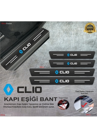 Renault Clio Logolu Karbon Kapı Eşiği Koruyucu Suni Deri 4'lü Set