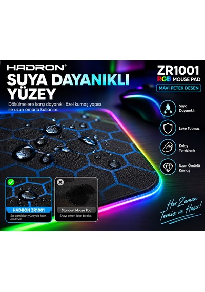 Hadron Zr1001 Mavi Petek Desenli Rgb Ledli Mouse Pad 300 X 800 Mm
