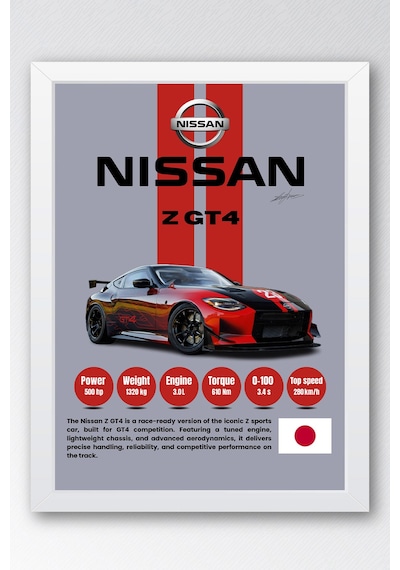 Nissan Z Gt4 Premium Yarış Arabası Çerçeveli Tablo - Teknik Özellikli Pist Serisi Duvar Dekoru Beyaz