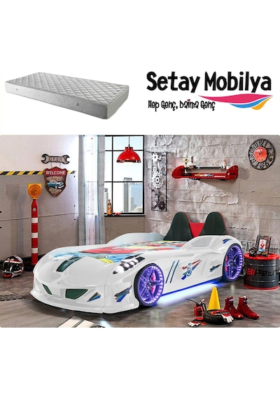 Arabalı Yatak, Jaguar Koltuklu Full Ledli Arabalı Yatak - Beyaz 1 Adet Comfort Yatak Arabalı Yatak, Jaguar Koltuklu Full Ledli Arabalı Yatak - Beyaz 1 Adet Comfort Yatak