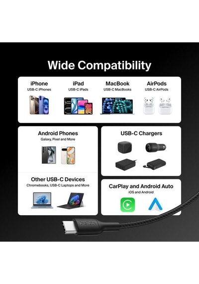 Belkin Cab025hq1mbk Boostcharge Pro 240w Usb-c To Usb-c Örgülü Kablo 1m - Siyah