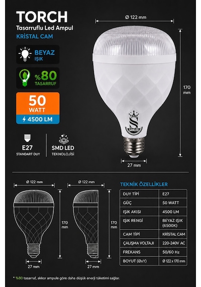 50w Kristal Tasarruflu E27 Beyaz Işık Torch Led Ampul 6 Adet 6 Adet