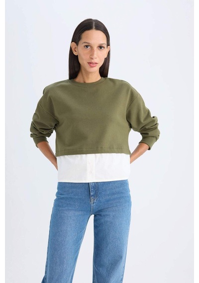DeFacto Relax Fit Bisiklet Yaka Etek Ucu Detaylı Basic Düz Sweatshirt D5620AX24AUKH447