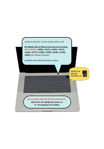 Macbook Uk İngilizce Klavye Koruyucu Iso Ters L Enter M1-m5 A2681 A3113 A3240 A3449 A2941 A3241 A2442 A2779 A2992 A2485 A2991 Keyboard Cover Touch Id Şeffaf