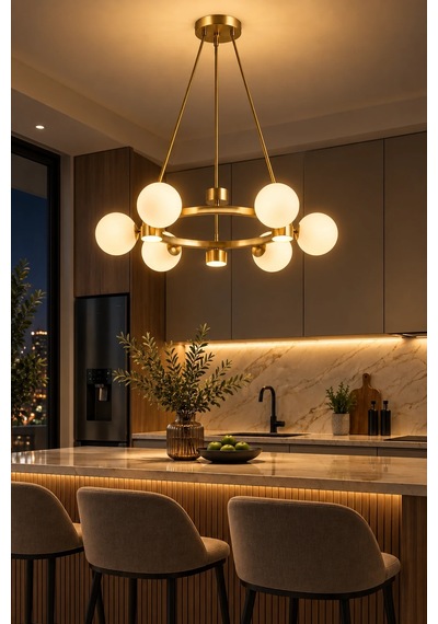 Modern Premium Gold Detaylı 6+6 Led Opak Küreli Avize Salon Mutfak Sarkıt Avize 6xg9 18w