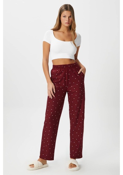 Ritnice Kadın Teddi Ultra Yumuşak Cepli Bordo Kalp Desen Yılbaşı Pijama Altı Çok Renkli