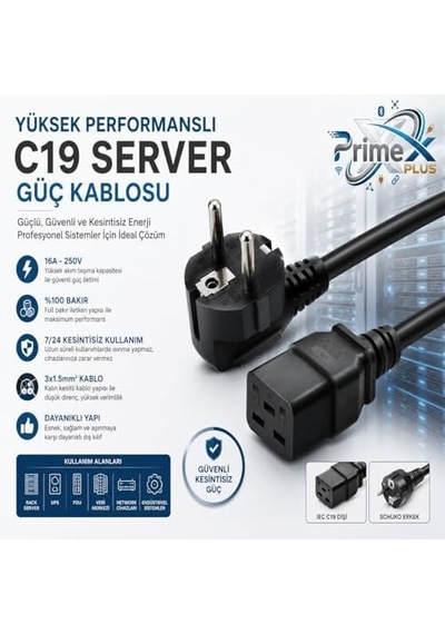 Px-srv15 2 Metre 3x1.5mm C19 Ups Server Power Kablo, Full Bakır C19 Schuko Güç Kablosu, 16a 250v Sun