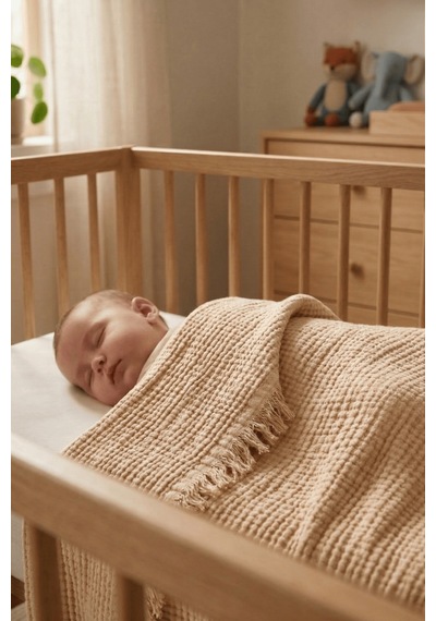 Müslin Püsküllü 4 Katlı Müslin Battaniye 90x120 Cm - Ze4katlı Bej