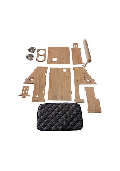Realwood Ahşap Seramik Kaseli Tırmalama Çubuklu Açık Kapalı Kedi Evi