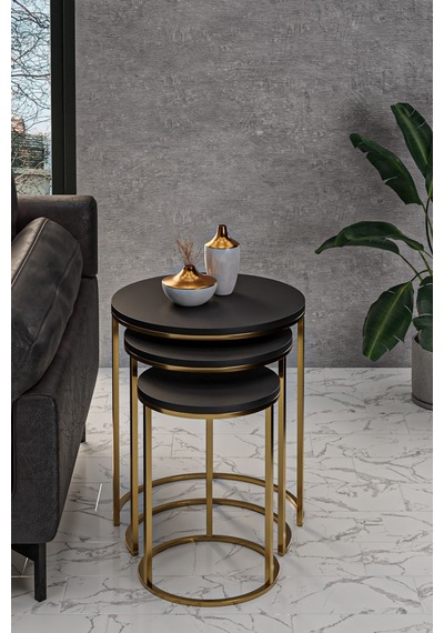 Usta Mekan 3'lü Parlak Gold Ayak Siyah Tabla Zigon Servis Salon Sehpa Gold Siyah