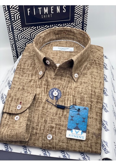 Slim Fit Uzun Kol Müslin Dijital Baskılı Hediye Kutulu Erkek Gömlek Fs-004599 - Kahverengi-3363