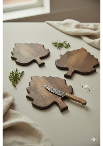 Fam Wood Art 3'lü Ahşap Çınar Yaprağı ,organizer,çok Amaçlı Stand Kesme Tahtası 21 Cm X 28 Cm Kahverengi