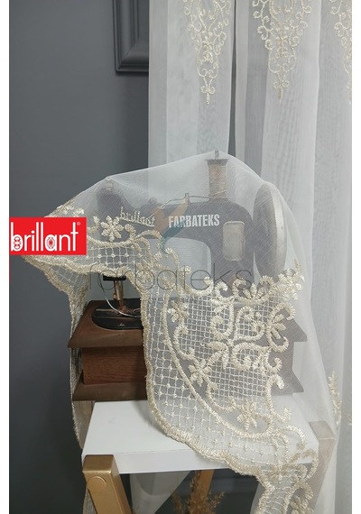 Şehrazat Altın Gold Motif İşlemeli 3 Kat Pileli Ütü İstemez Salon Tül Perde