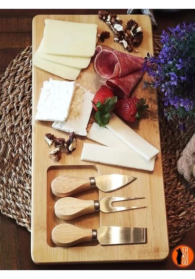 4 Parça Bambu Peynir Sunum Tahtası Ve Çatal - Spatula - Bıçak Seti, Peynir Kesim Panosu, Sunum Seti Bambu