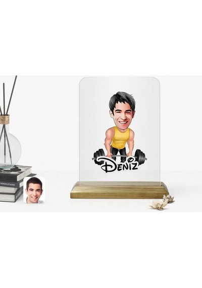 Kişiye Özel Erkek Halterci Karikatürlü Ahşap Standlı Çerçeve