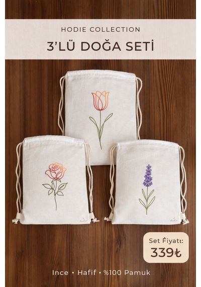 Hodie Collection Gül Lale Lavanta 3 Lü Bez Çanta Seti İnce Hafif Minimal Tasarım Ekru - 857446838 Ekru - 857446838 Ekru