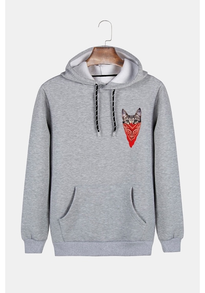 Unisex Gri Kapüşonlu Maskeli Kedi Baskılı Slim Fit Kanguru Cepli Sweatshirt Gri