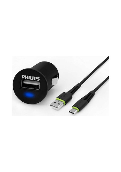 Philips Usb Araç Şarj Cihazı 2.1a + Usb-c 1.2 Mt Şarj Kablosu Siyah 1 Adet