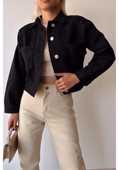 Siyah Çift Cepli Crop Yıkamalı Denim Ceket Bcdf-235401 Çok Renkli
