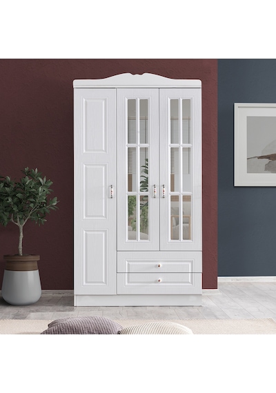 Country West 3 Kapaklı Çekmeceli Aynalı Mdf Dolap, Beyaz