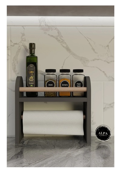 Modern Tezgah Üstü Ahşap Baharatlık Havluluk Mutfak Düzenleyici Raf Antrasit