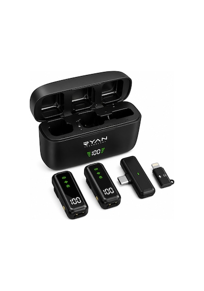 Kablosuz Yaka Mikrofonu 2'li Type-c & Lightning Uyumlu Şarj Kutulu Gürültü Azaltmalı İphone & Android Airmic Pro Ry-wm02
