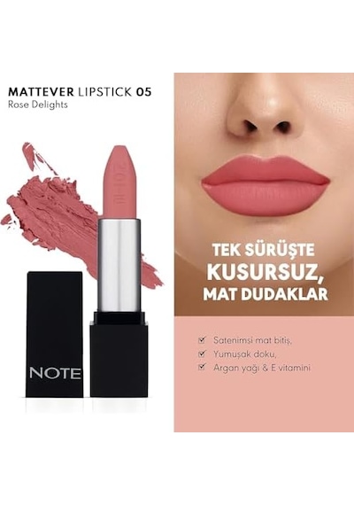 Mattever Lipstick 05 Rose Delights Yarı Mat Bitişli Ruj, Pembe 0
