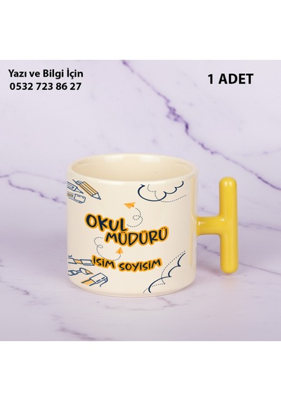 Okul Müdürü Tasarımı Öğretmenler Günü İçin Kişiye Özel İsim Baskılı T Kupa Bardak Öğretmenehediyelik Sarı