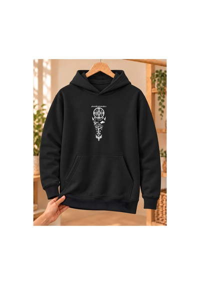 Mor Mürekkep Türk Sembolleri Dikey Kompozisyon Baskılı Kapüşonlu Sweatshirt - Siyah