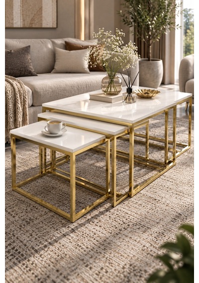 Sulorahome 4'lü Beyaz Ve Gold Metal Sehpa Seti Beyaz - Altın