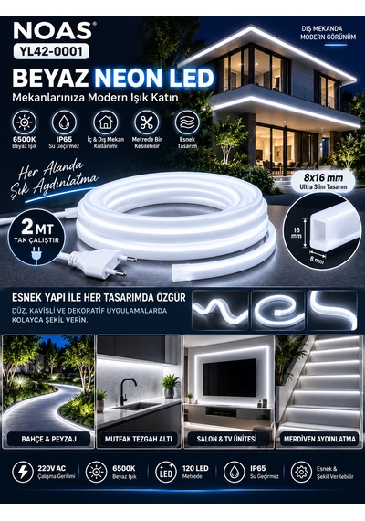 2 Metre Tak Çalıştır 6500k Beyaz Neon Led 220v Ip65 Montaj Aparatı Dahil Esnek Hortum Led 8x16 Mm Iç Dış Mekan Dekoratif Aydınlatma Noas 6500K - Beyaz Işık