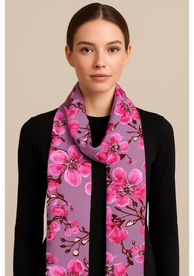 Lila Rüyası Desen Kadın Saten Fular 30x165cm Çok Renkli