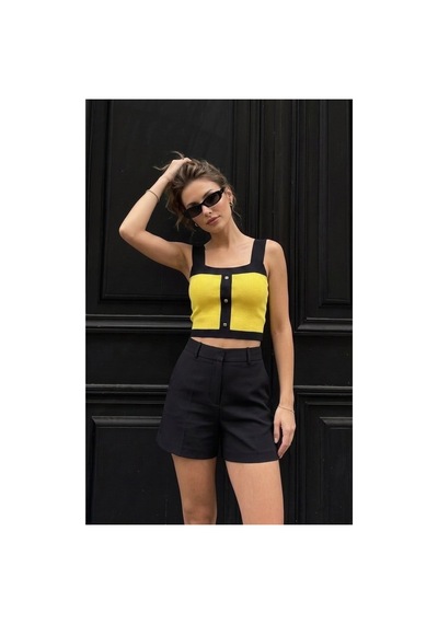 Onno Style Women Askılı Kolsuz Düğme Detaylı Triko Kadın Bluz Sarı
