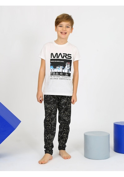 Vitmo Erkek Çocuk Kısa Kollu Pamuklu Mars Space Pijama Takımı Ekru