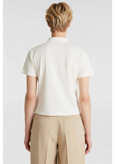 Benerly Kadın Bluz Crop Polo Yaka Kısa Kol Düğmeli Fitted Penye Süprem Ör Ekru