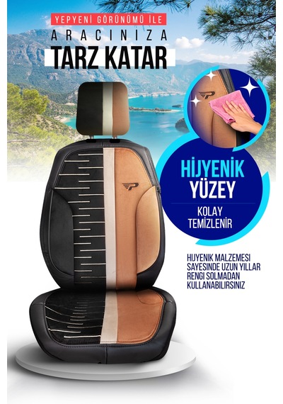 Siyah - Bej Panda Camila Serisi Velucantra Kumaş Oto Koltuk Kılıfı - Tam Set