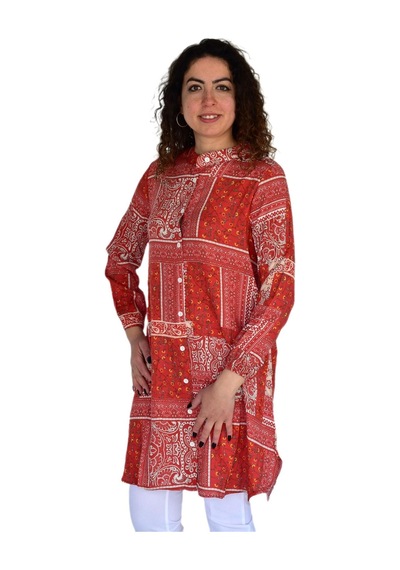 Kadın Uzun Pano Baskılı Desen Viscon Bluz Bgl-st04295 Kıremıt