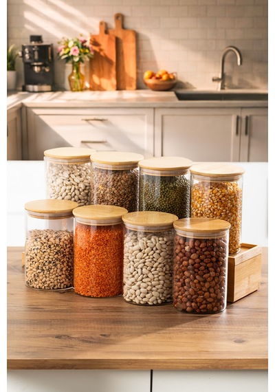 Porsima 2-4 Bambu Borosilikat Vakumlu Kapaklı Yuvarlak Cam 8li Kavanoz Seti Saklama Kabı 1300ml 10x20cm