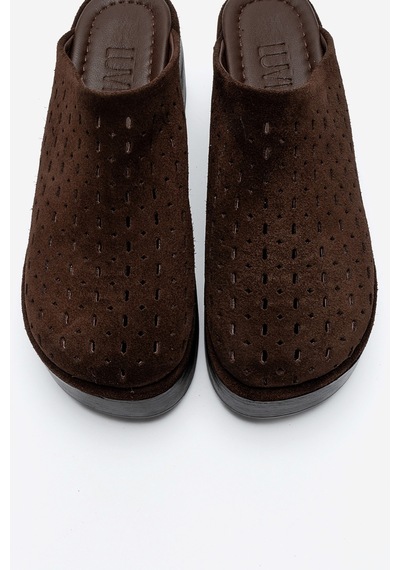 Luvishoes Lune Kahverengi Süet Hakiki Deri Delikli Kadın Dolgu Topuklu Terlik