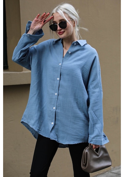 Madmext Mavi Muslin Kumaş Basic Kadın Gömlek Mg1660-mavi Mavi
