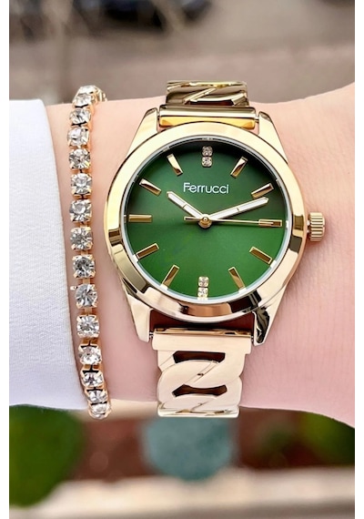 Ferrucci Kadranı Yeşil Gold Renk Çelik Kadın Kol Saati+bileklik Hediyeli Altın