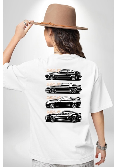 Toyota Supra Mk Serisi Beyaz Oversize Unisex Ön Ve Sırt Baskılı Tişört Beyaz