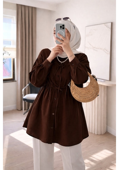 Unika Boutique Kadın Büzgü Detaylı Tesettür Gömlek Kahverengi