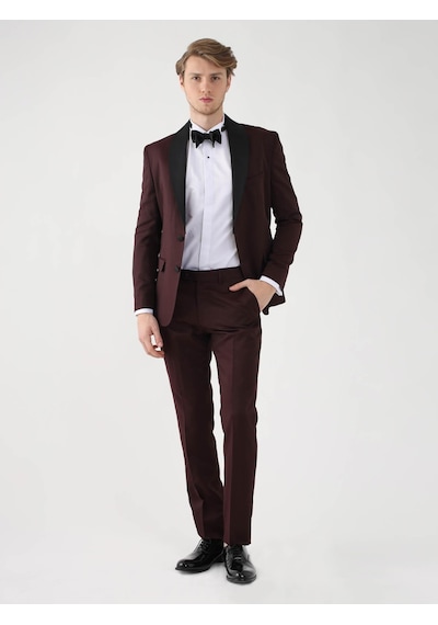 Dufy Bordo Erkek Slim Fit Sivri Yaka Smokin Takım - 92433 Bordo