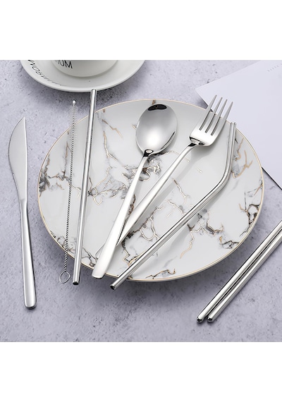 Valkyrie 8 Parça Çantalı Yolculuk Çatal Bıçak Kaşık Pipet Chopstick Seti Kamp Okul Ofis Tatil Paslanmaz Çelik Metal Metalik