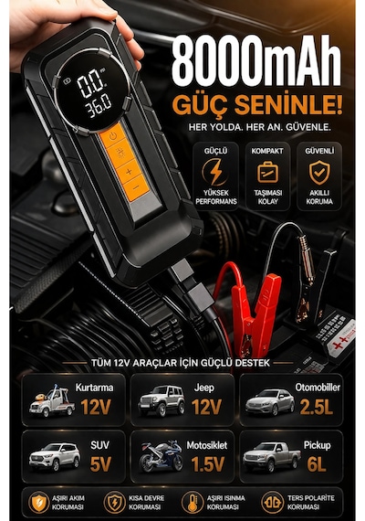Auhma A8899 Akü Takviye Cihazı & Hava Kompresörü - 80000mah Powerbank, 150 Psı, 1000a Peak, Led Fene