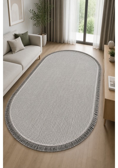 Vega 1451 Krem Oval Modern Hav Toz Tutmayan Koridor Salon Yatak Odası Oturma Odası Banyo Halısı Gri