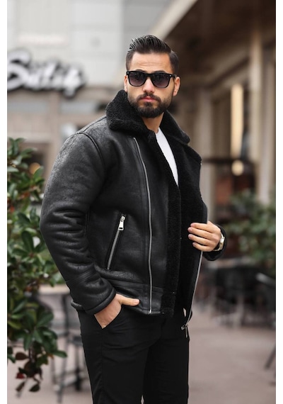 Erkek Biker İçi Kürüklü Ceket/mont Siyah Siyah Biker